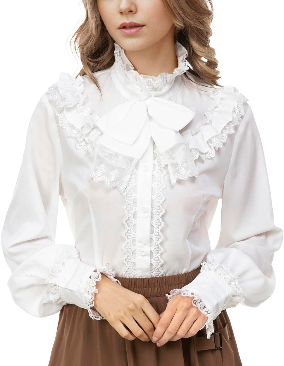 Women Victorian Blouse Long Sleeve Shirts Stand Collar Lotus Ruffle Medieval Gothic Tops