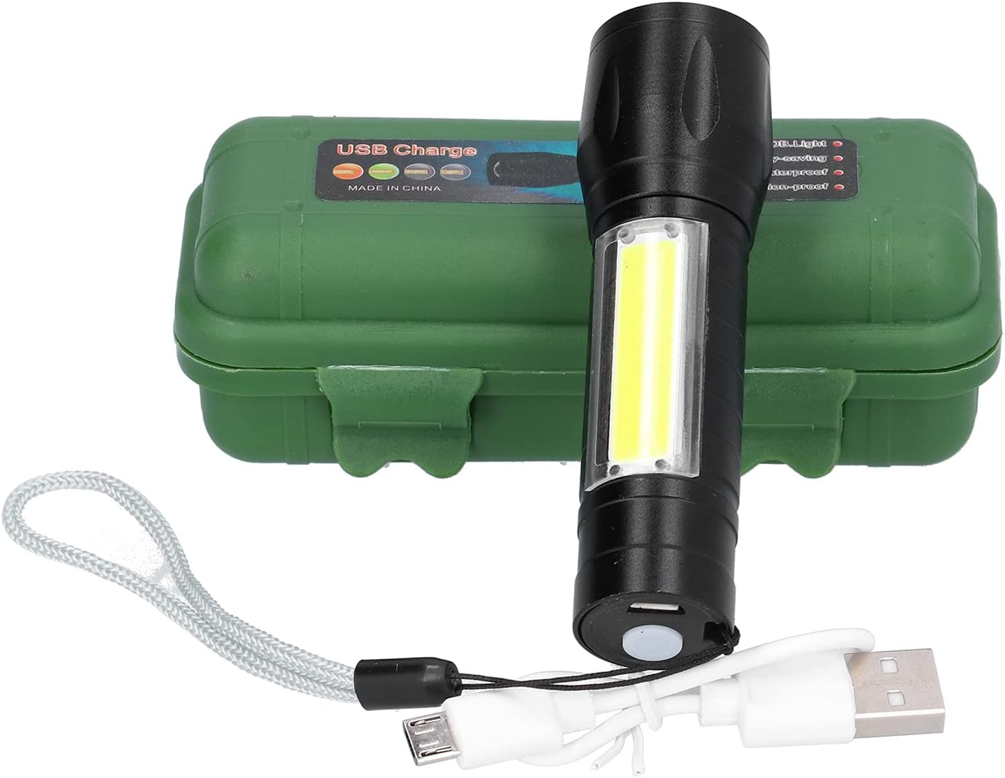 Fydun Portable USB Rechargeable Flashlight Hand Lamp Torch Light with COB Sidelight Applied Family