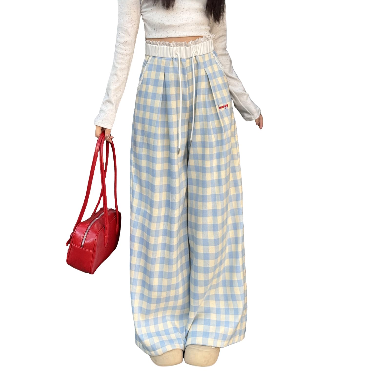 Women High Waisted Wide Leg Plaid Cargo Pants Drawstring Elastic Waist with Pockets Trendy Y2K Casual Streetwear