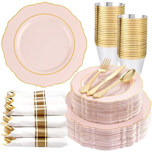 Liacere 350PCS Pink Plates Disposable - Pink and Gold Plates 50guest Baroque Plastic Dinnerware include 100Plates, 50Pack Pre Rolled Napkins with Silverware 50Cups Perfect for Wedding&Mother's Day