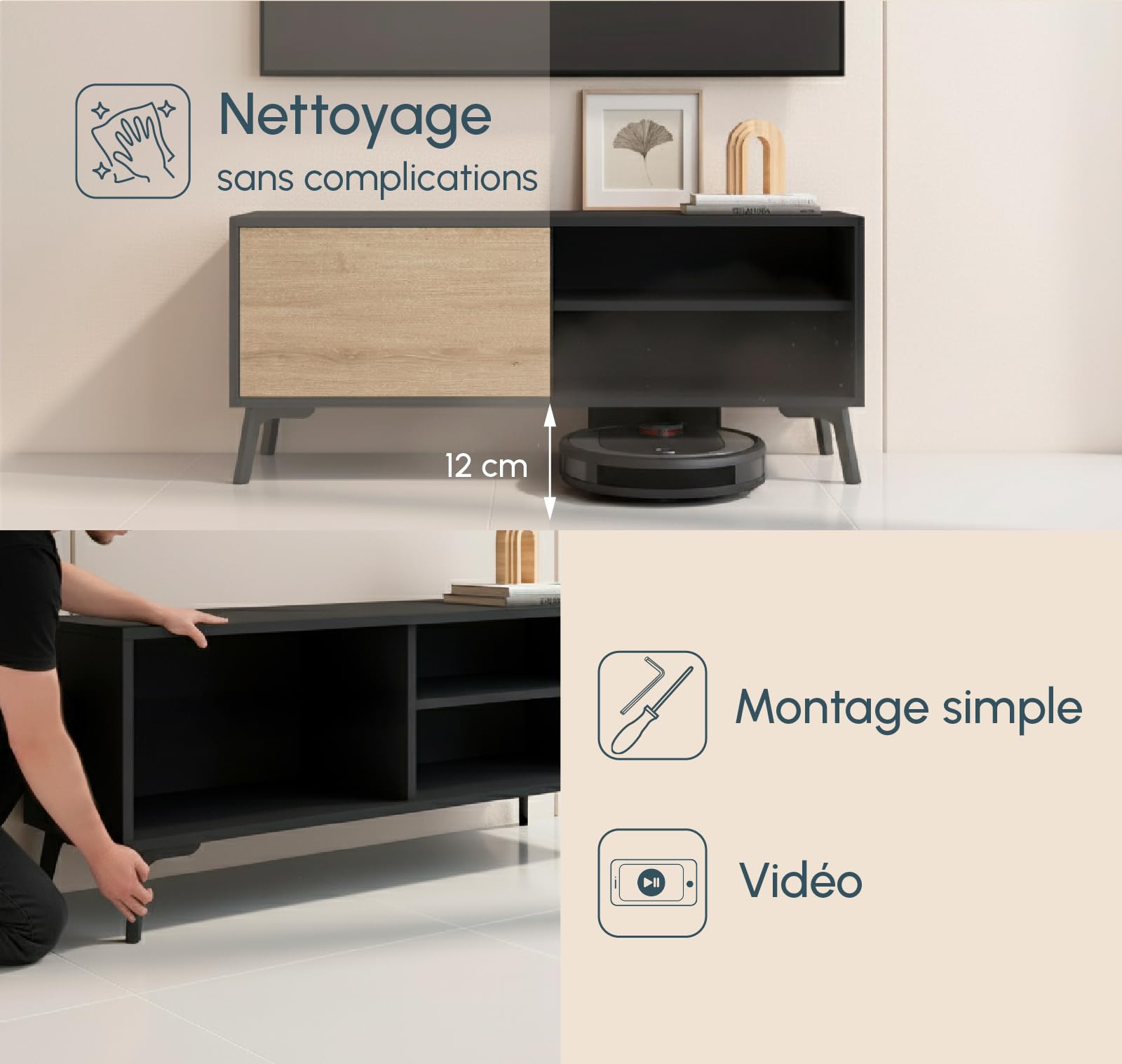 MB Muebles Bonitos | Meuble TV Bas Kai avec 1 Porte pour Salon Moderne | Meuble en Mélamine Mate | Couleur Noir et Sonoma | 100x42x30 cm