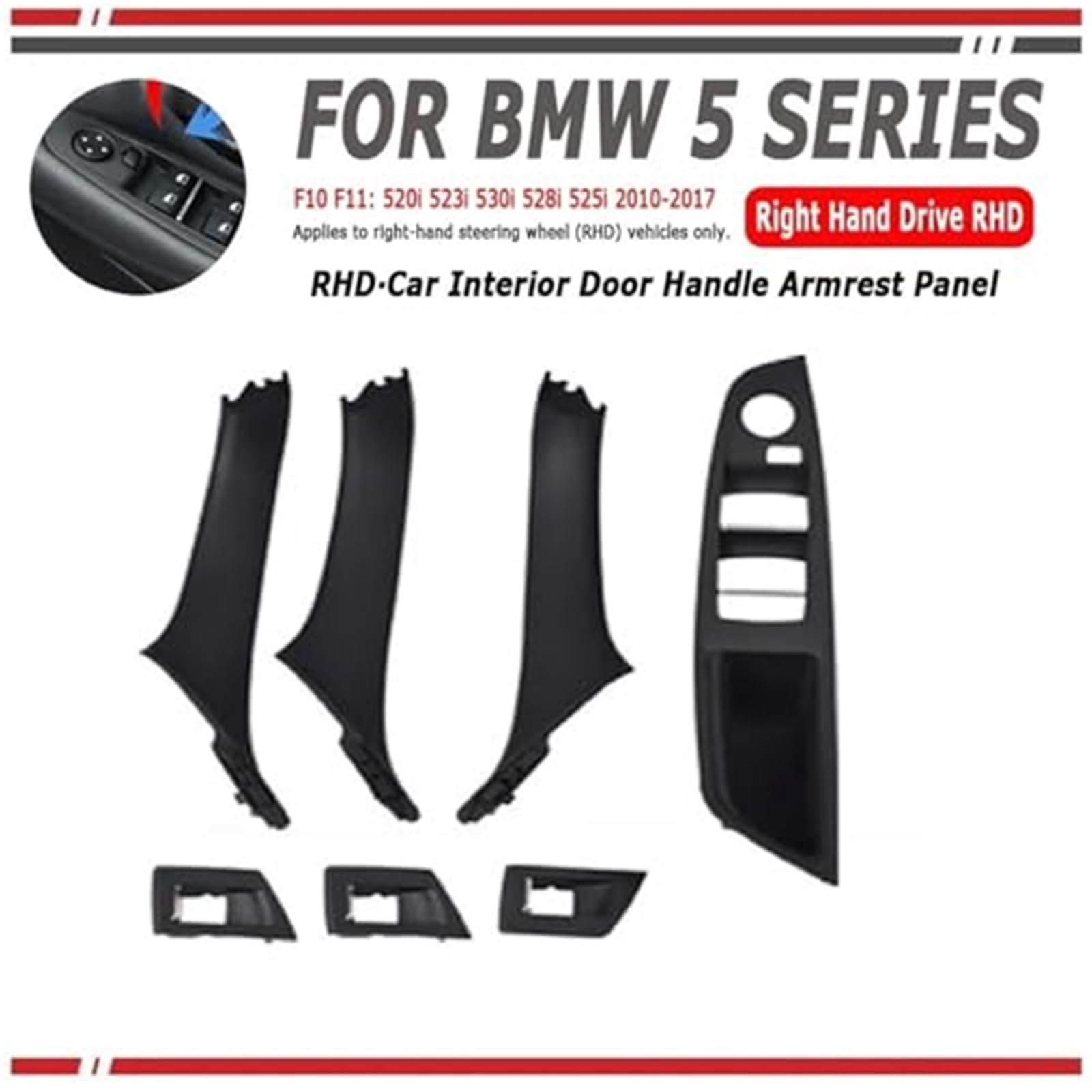 Uchwyt do holowania drzwi wewnętrznych wymiana wykończenia panelu wewnętrznego, dla BMW serii 5 F10 F11 F18 520i 523i 525i 528i 535i Wnętrze klamki samochodowej(Model A Black)