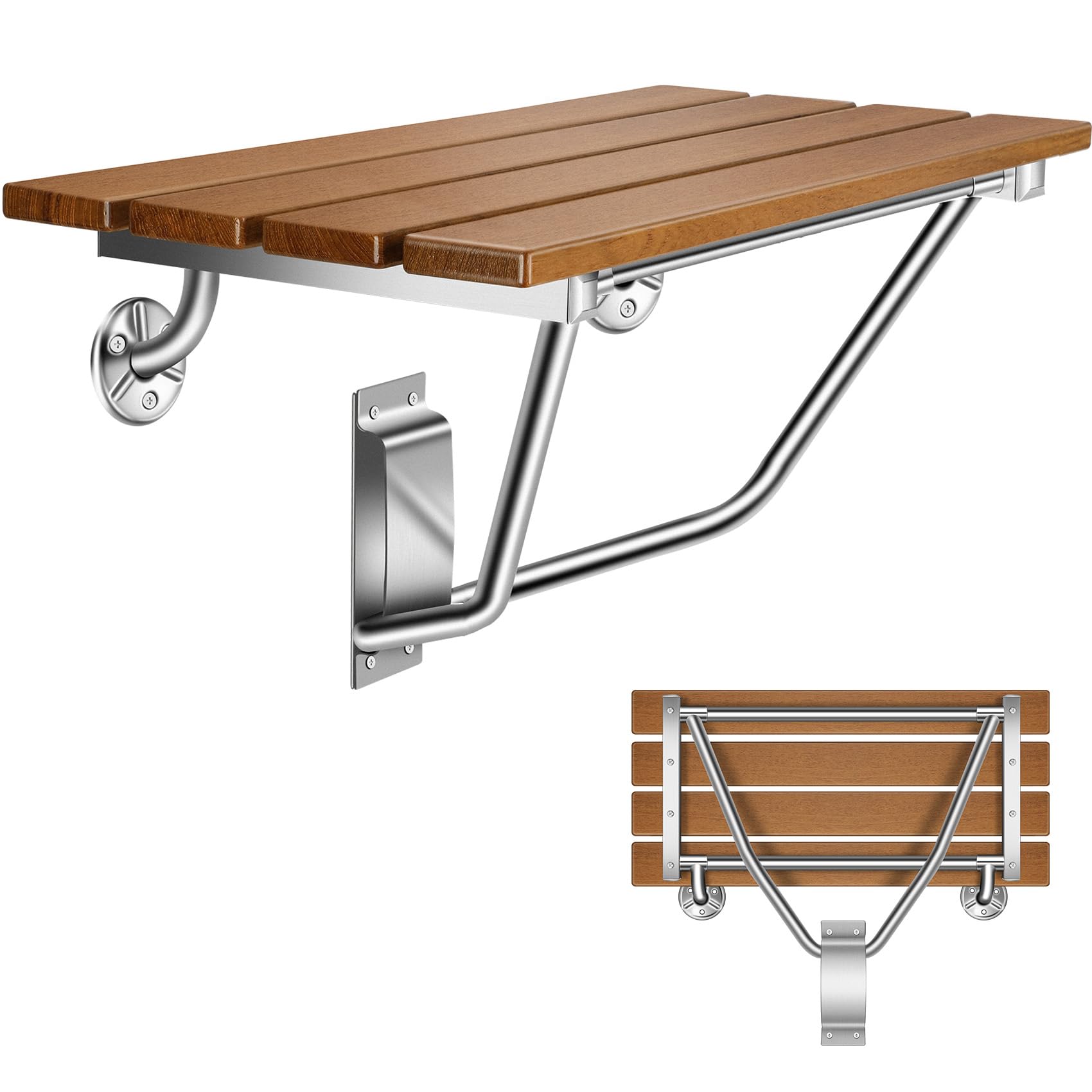 Folding Shower Seat Wall Mounted 28" with Stainless Steel Bracket, Structural Stability, 500 lb Capacity, Space-Saving, Teak Shower Bench for The Elderly, Disabled, Pregnant Individuals, Children