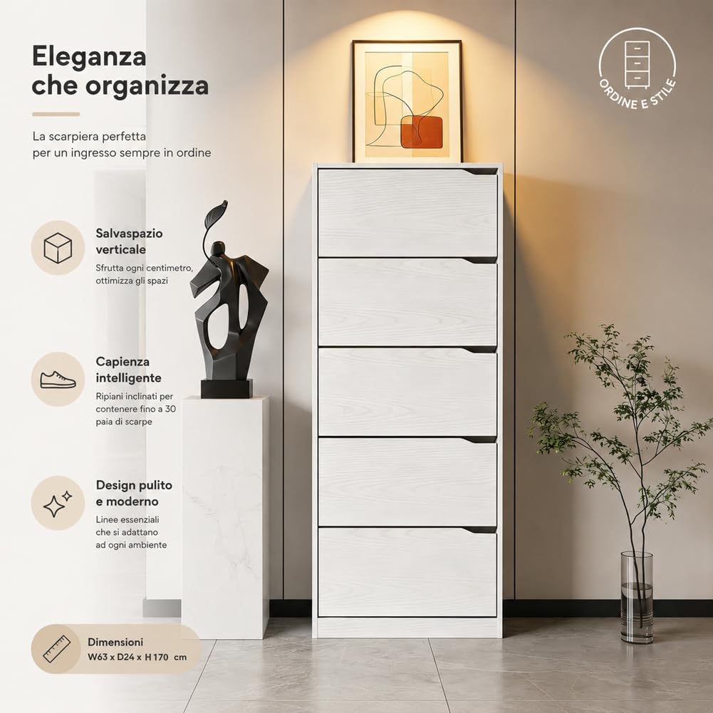 BAKAJI Scarpiera 5 Ripiani Salvaspazio con Maniglia a Scomparsa, Portascarpe con Struttura in Legno e Ante a Ribalta con Doppio Fondo, Capacità Fino a 30 Paia di Scarpe, 63 x 24 x 170 cm (Bianco)