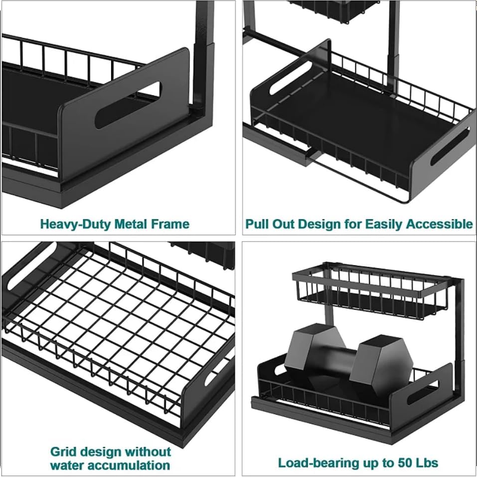 Under Sink Organizer 2-Pack Slide Out Drawer 2 Tier Storage Black Under Cabinet Kitchen Bath