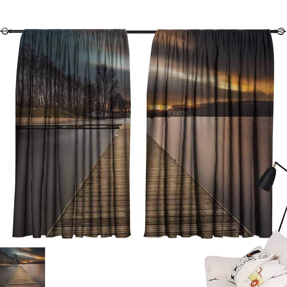 Novel curtains Wooden Bridge Decor Collection Lake Landscape with Jetty Cloudy Dramatic Sky Sunset View Blackout Draperies for Bedroom Living Room W63" x L45" Ivory Beige Orange