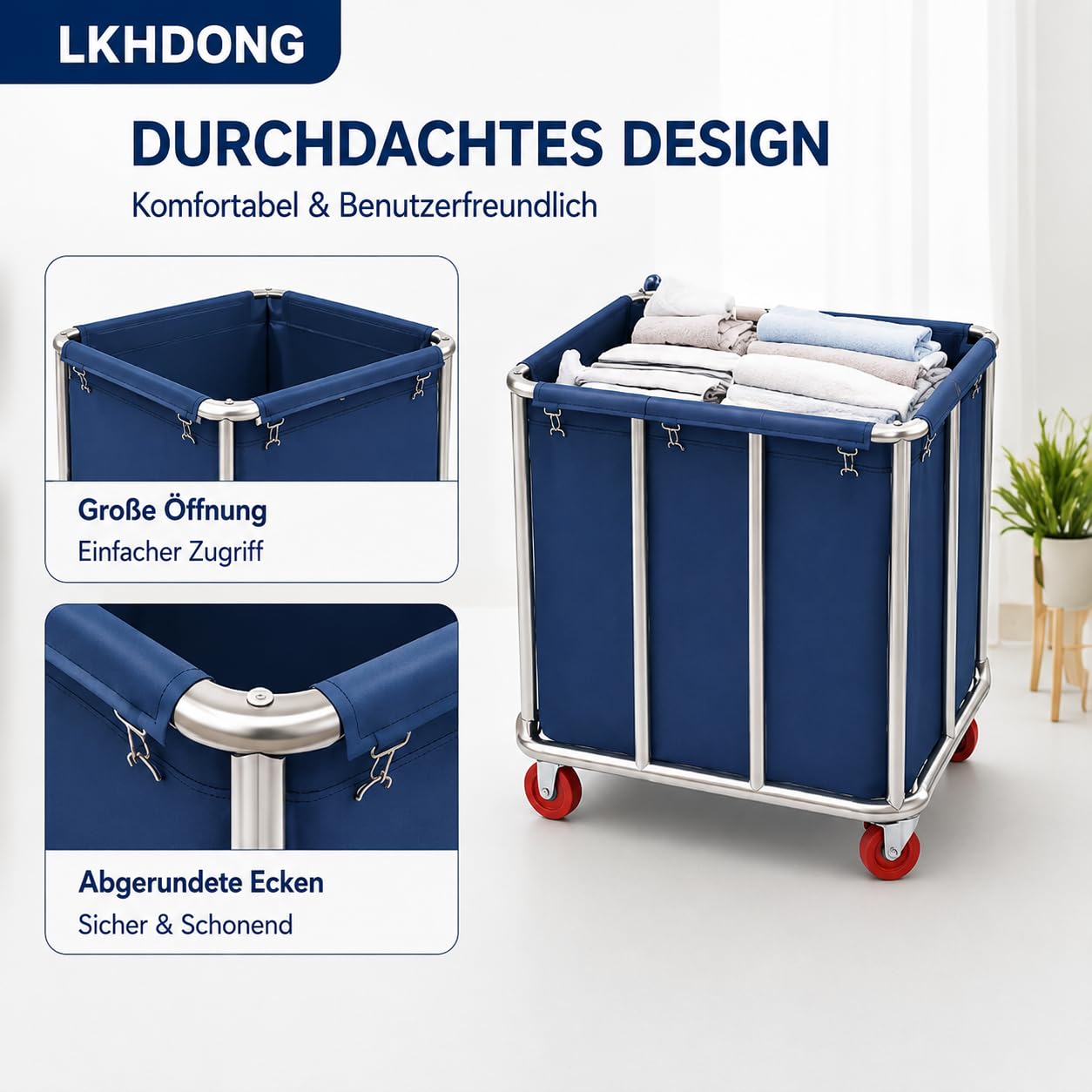 Carrello portabiancheria commerciale con ruote, grande portabiancheria con sacchetti rimovibili, per la biancheria Home Hotel 90 x 65 x 80 cm (blu)