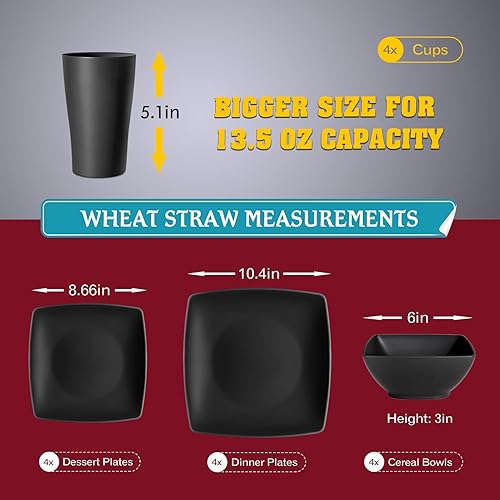 Miniatura 8 de Teivio Juego de vajilla cuadrada de paja de trigo de plástico de 16 piezas para 4, platos llanos irrompibles, platos de ensalada, cuencos de