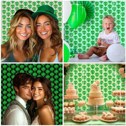 Image of 2 Packs Jungle Leaf Foil Fringe Curtain, Green Glitter Tropical Palm Leaves Metallic Tinsel Backdrop for Safari Birthday, Baby Shower, Hawaiian Aloha Luau Party Decorations Supplies