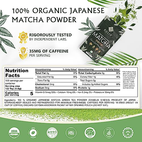 Kulia Organic Matcha Powder (100g) - Culinary Grade Matcha Green Tea Powder - Authentic Japanese Organic Matcha Green Tea Powder - Matcha Powder with Recipe E-Book and Bamboo Straws - Zero Sugar, Vegan & Low Calories Kulia Organic Matcha Powder (100g) - Culinary Grade Matcha Green Tea Powder - Authentic Japanese Organic Matcha Green Tea Powder - Matcha Powder with Recipe E-Book and Bamboo Straws - Zero Sugar, Vegan & Low Calories