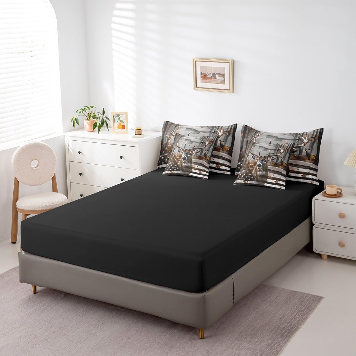 Erosebridal King Comforter Set 7 Piece Deer American Flag Bed in A Bag Woodland Hunting Deer Elk Bedding Set with Sheet Set and Pillow Covers for Kids Adults,Reversible Black Bed Set