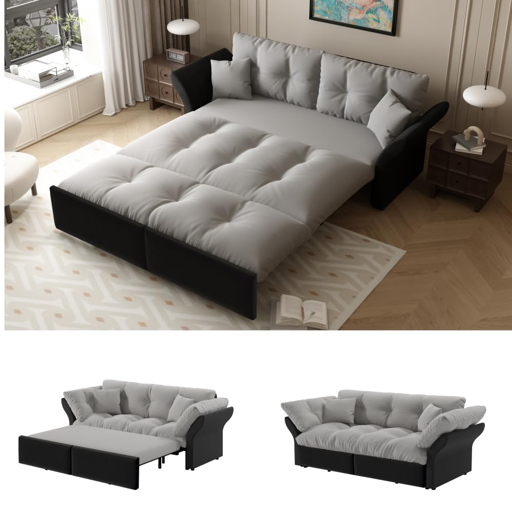 Sapgaks Canapé lit gigogne 190 cm (Taille Queen),canapé Convertible 3 en 1 avec capitonnage et 2 Coussins Moelleux, revêtement en Velours Multifonctionnel (Gris Clair)