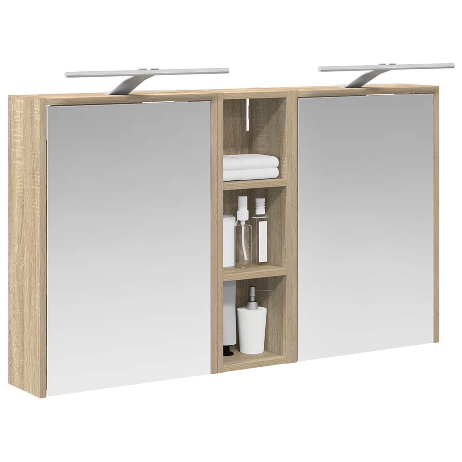 Lot de 3 armoires de salle de bain en bois 106 x 16 x 62,5 cm avec éclairage LED, montage mural, miroir bidirectionnel, espace de rangement, meubles de salle de bain pour invités WC et salle