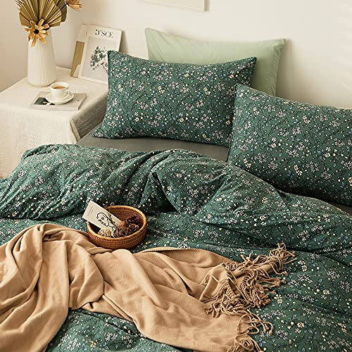 VM VOUGEMARKET Green Flower Duvet Cover Sets Queen Size,Jersey Cotton Bedding Set (1 Duvet Cover + 2 Pillow Shams) Chic Garden Style Girls And Boys Comforter Cover with Zipper Closure