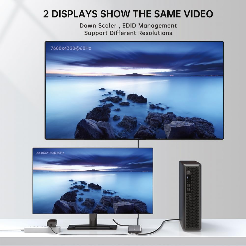 Divisor HDMI 1 en 2 salidas 4K 120Hz 8K 60Hz, HDMI 2.1 divisor compatible con HDCP 2.3, EDID, VRR, HDR10, Dolby, para PS5/4, Xbox, Fire Stick, reproductor Blu-ray, caja de sincronización Hue, etc
