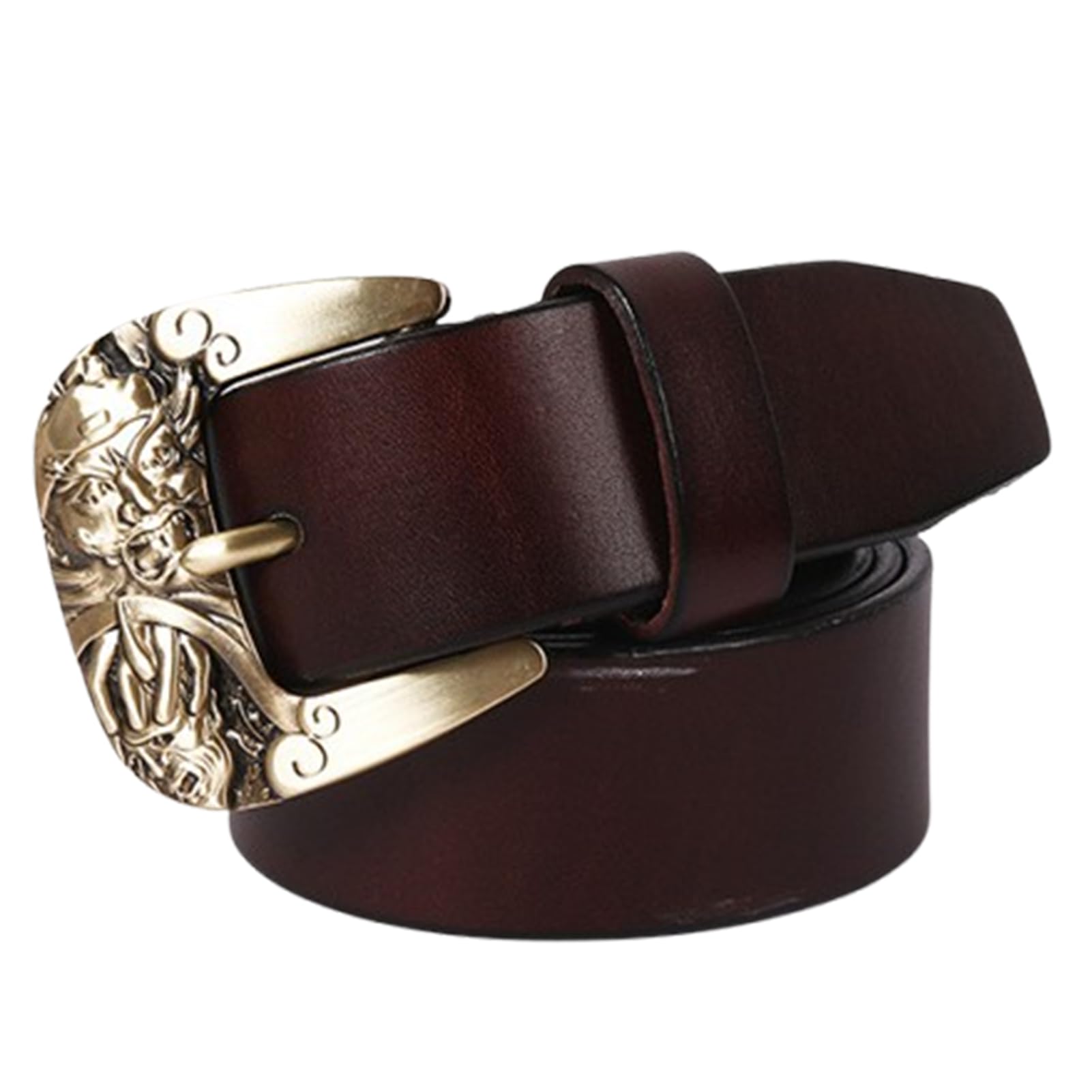 Echter Leder-Gürtel Herren Damen 3.8cm Breit, Ledergürtel Handgemacht Vollrindleder Riemen Gürtelschnallen Mit Schnitzen Golden Metall Dornschnallen(100cm/39, Coffee)