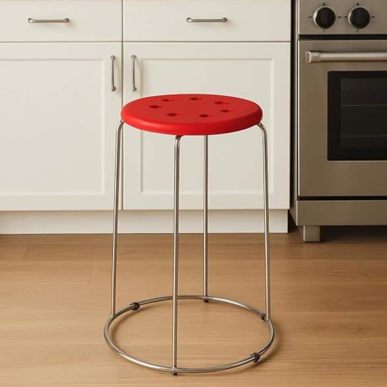 Creative Stylish Red Round Perforated Seat Stool with Chrome Frame, Ideal for Modern Kitchens, Bars, and Casual Seating Spaces | (Pack of 1)(Red)-image-47
