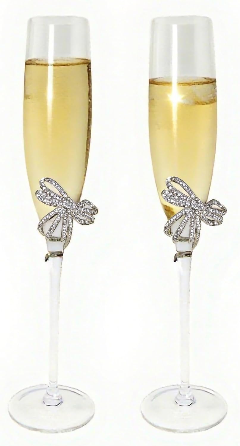 Gold Champagne Flutes - Set of 2 Hand Blown Champagne Glasses wtih Metal Accent BOW- Gifts for Birthday,Wedding, Mother’s Day - 6 oz (Classic, Silver)
