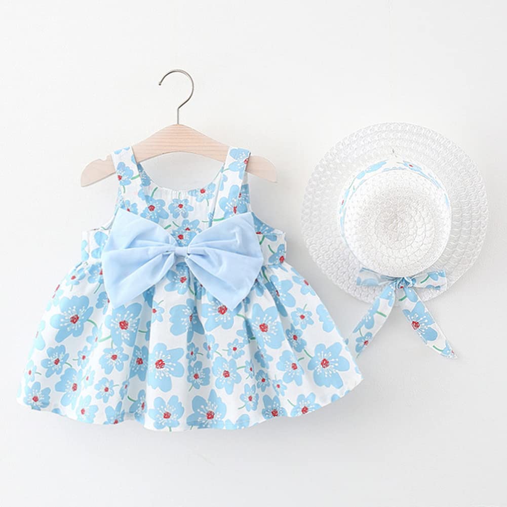 Newborn Infant Toddler Baby Girl Spring Summer Casual Dress Bohemia Floral Sleeveless Ruffle Tutu Dresses A-Line Easter Dress with Cute Hat Bowknot Sundress Tea Party Outfits Blue Flower 18-24 Months