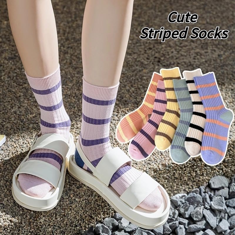 Image of 5 /10 Pairs Retro Style Colorful Striped Socks, Cute Athletic Crew socks for Women