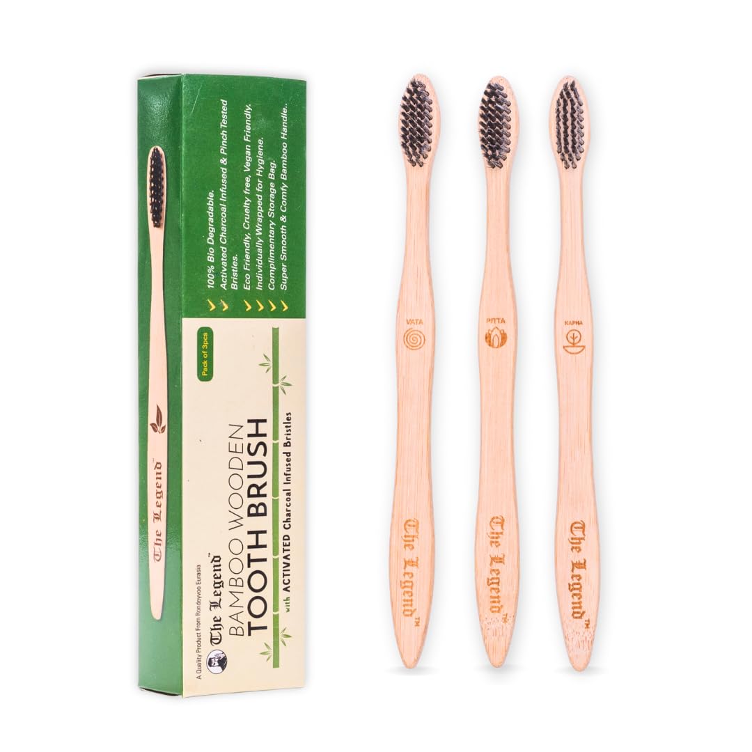 The Legend Bamboo Wooden Toothbrush with Activated Charcoal Infused Brishtles, Pack of 3 Units, 1 Storage Bag