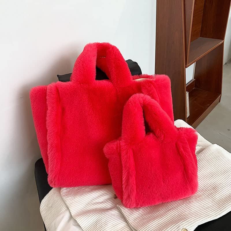 Image of Tote Bag large Shoulder Bag Fleece Faux Fur Hobo Tote Bag Handbag Retro Bag Solid Color Big Purse