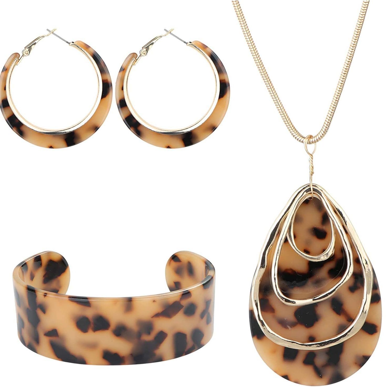 3pcs Leopard Necklace Bracelet Earrings Set for Women Chunky Acrylic Bangle Bracelet Statement Boho Resin Earrings Necklace Bracelets Jewelry Gift