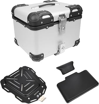 Upgraded 45L Aluminum Motorcycle Top Case, Universal Motorbike Tail Box with Security Lock and Back Cushion, Waterproof Motorcycle Top Box with Bracket Base Plate, Trunk Tour Box - Sliver