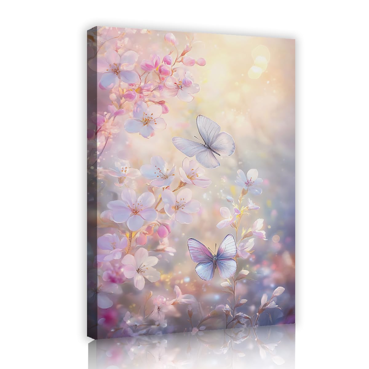 TOANGWALL Pink Sakura Canvas Wall Art Dreamy Flowers Painting Purple Butterflies Floral Mural Pictures Artwork Modern Framed Poster Prints For Bedroom Guest Room Decor 50x75cm