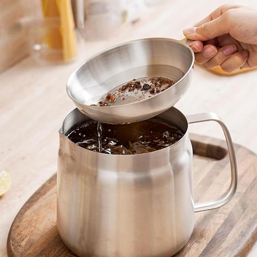 Marmite à Friture 2-en-1 en Inox 304 avec Panier, Pichet Filtre à Huile 2L, Mini Friteuse Induction et Récipient pour Graisse de Bacon, Idéal Cuisine et Camping (1.5L)