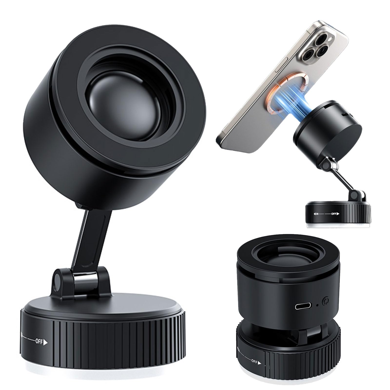 Domiunier 2025 New Vacuum Magnetic Car Phone Holder with Bluetooth Speaker, Portable Foldable حامل جوال للسيارة Hands-Free Dashboard Suction Cup phone holder in car, Compatible with Mag-Safe Car Mount