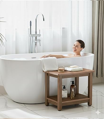 Miniatura 2 de HDPS - Banco de ducha, taburete de baño de madera de polietileno para ducha interior, impermeable, taburete reposapiés para afeitar piernas con pies