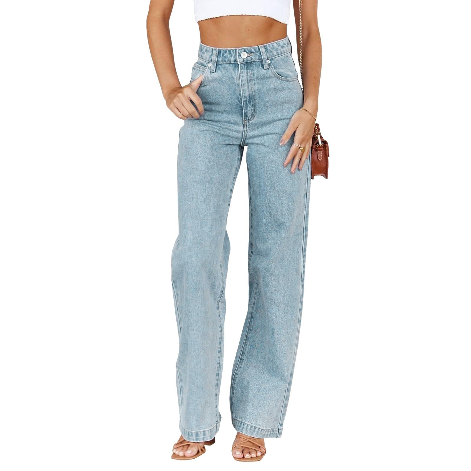 Jeans Baggy da donna a vita alta Streetwear dritti Gambe larghe dimagranti elastici pantaloni denim Y2k classici estensibili, taglio boyfriend pantaloni da jogging autunno inverno, blu, S
