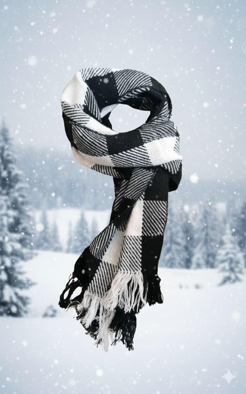 SarvX Premium Buffalo Plaid Winter Muffler Scarf, Black and White Checkered Pattern, Cotton Blend Fabric, 180x25 cm, Fringe Detail, Unisex Fashion Accessory-image-9