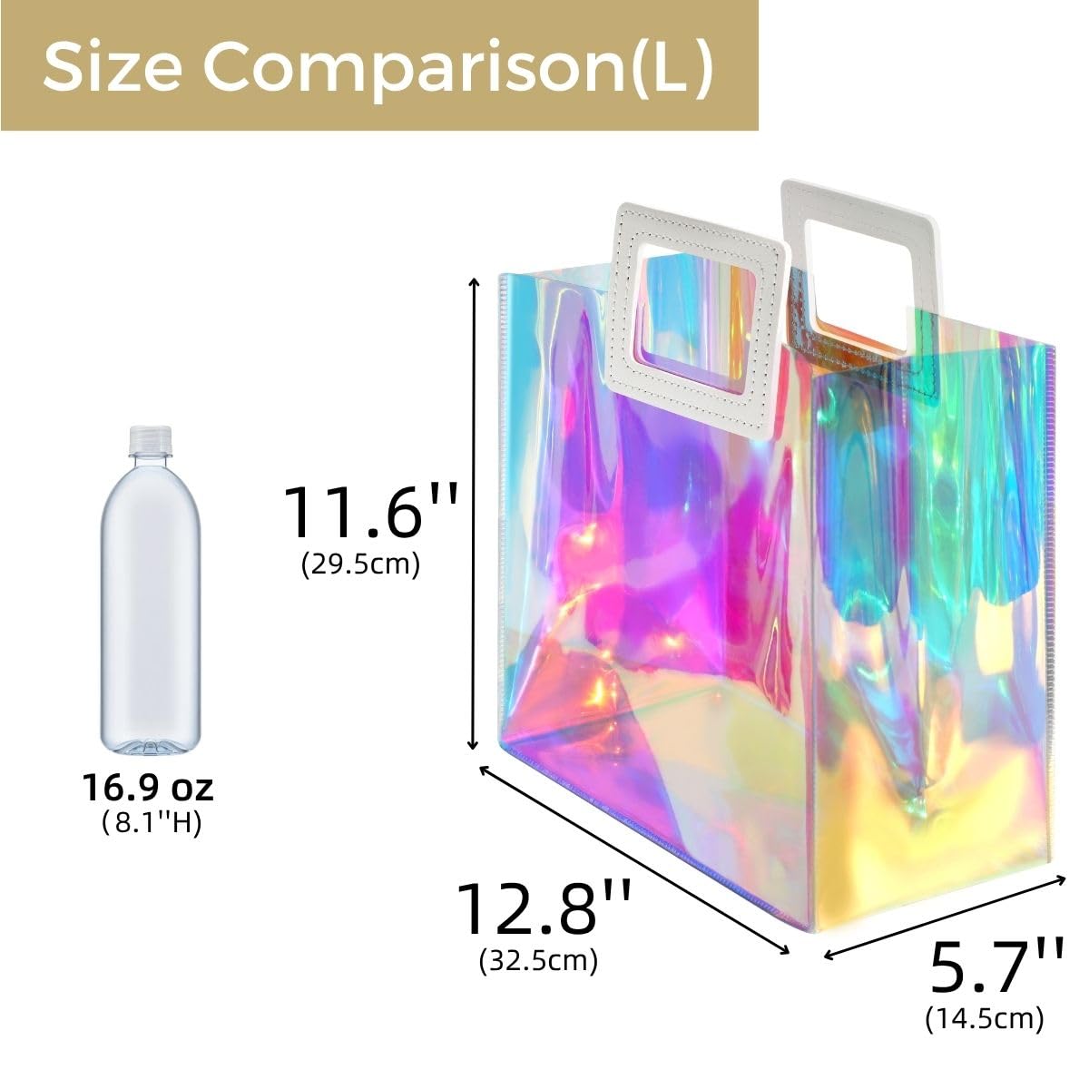 VUOJUR Holographic Large Gift Bag 12.8x11.6x5.7'' Clear Reusable Birthday Gift Bag for Women Girls Iridescent Bachelorette Wedding Christmas with Handle