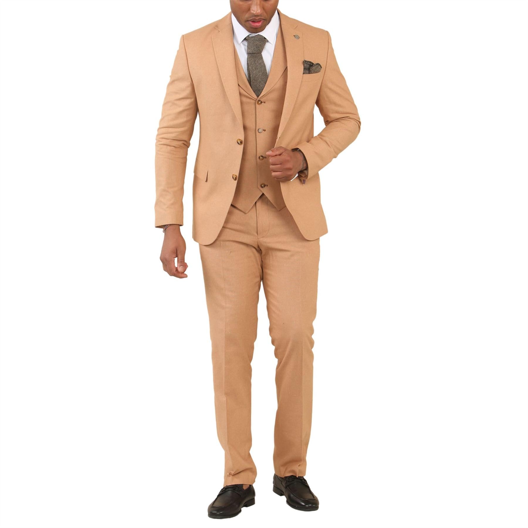 Truclothing Men's Camel Suit 3 Piece Lightweight Linen Summer Wedding Formal Dress Suits - 42