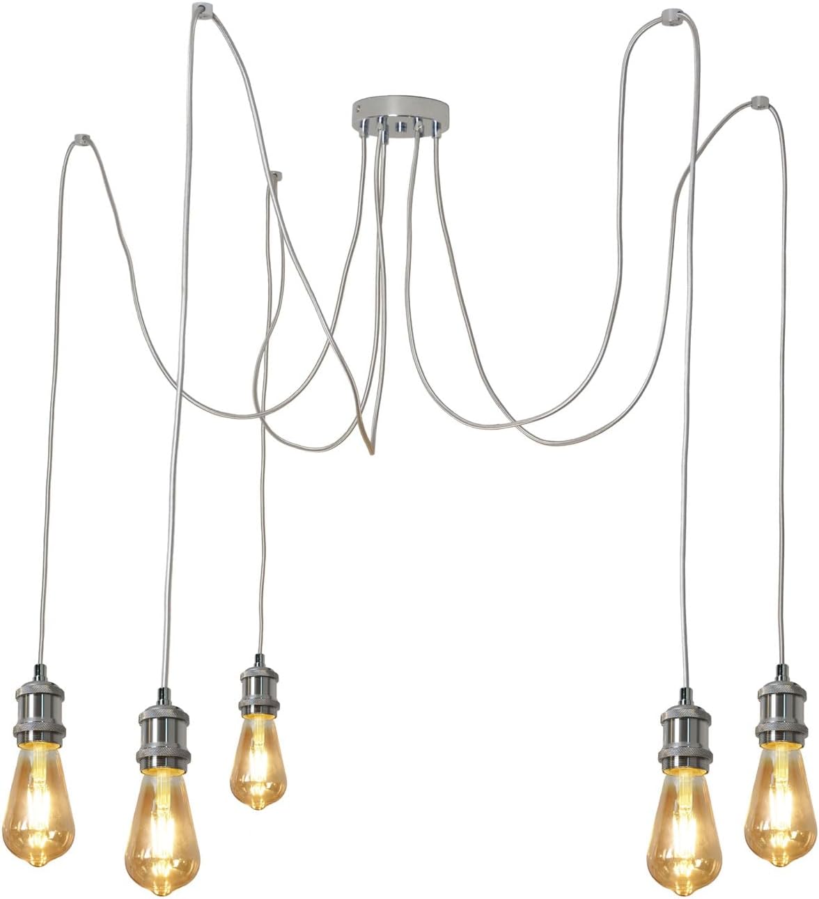 Vintage Pendant Light Fitting Multi Light Modern Retro Industrial Style E27 Lamp Holder 200cm Cable Spider Pendant Light for Kitchen Island Living Room Dining Room (Chrome, 5 Lights)