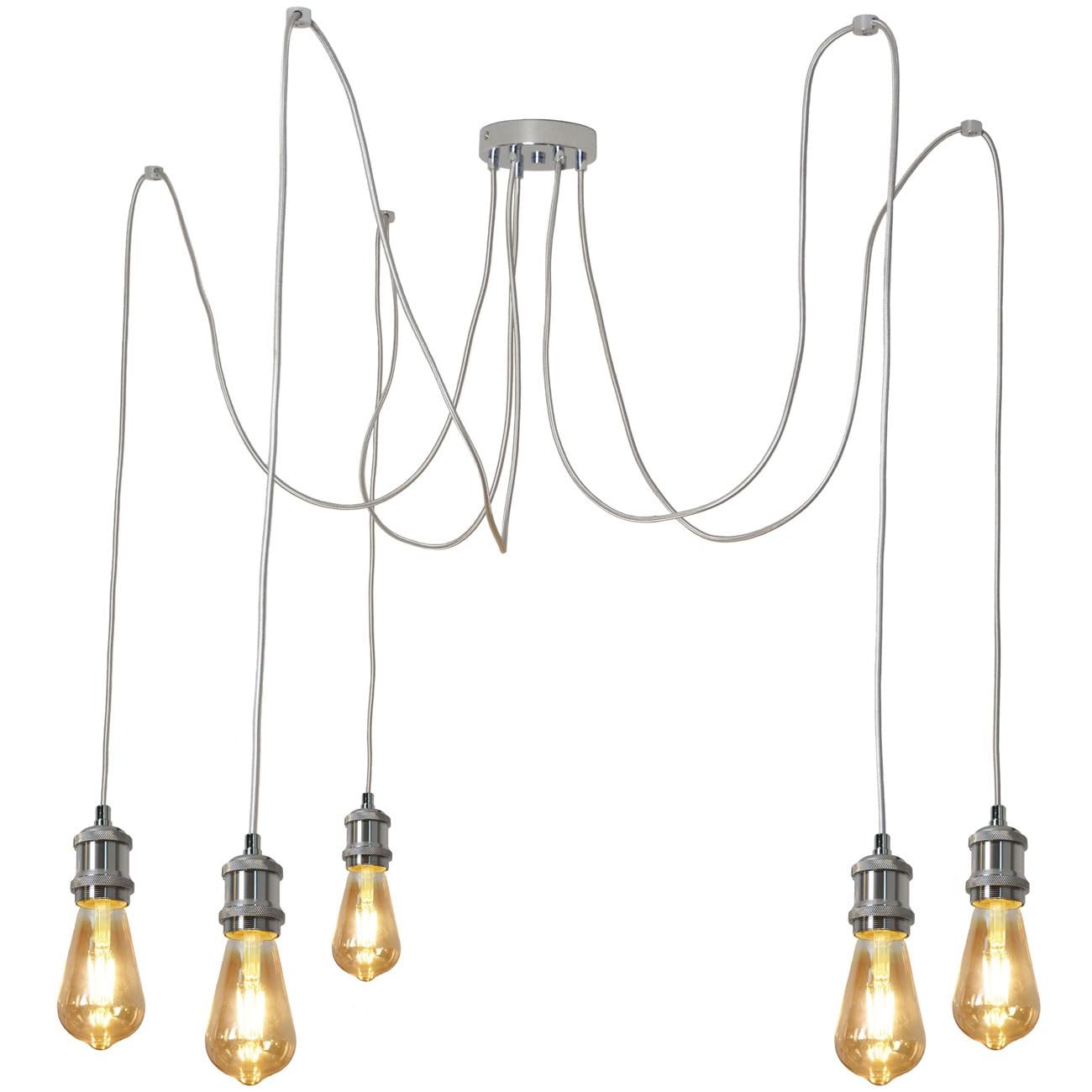 Vintage Pendant Light Fitting Multi Light Modern Retro Industrial Style E27 Lamp Holder 200cm Cable Spider Pendant Light for Kitchen Island Living Room Dining Room (Chrome, 5 Lights)