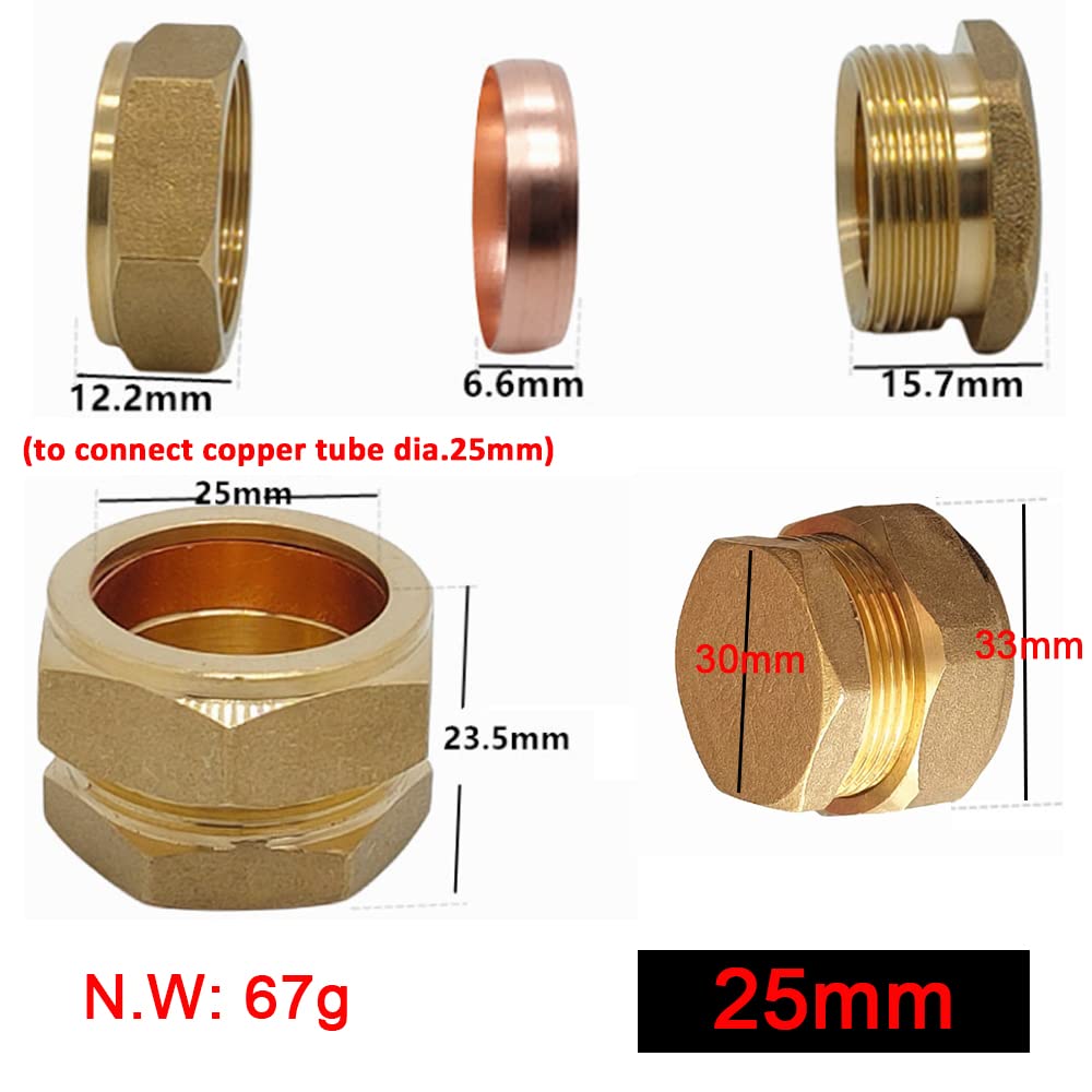 Brass Tube Compression Fitting, Compression Stop End Cap Copper Compression Sleeves Ferrule Fitting to Ending Brass Pipe (25mm) - Image 2