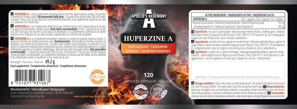 Huperzine A 200 mcg dans chaque gélule - 120 gélules végétaliennes - 4 mois d'approvisionnement pour le soutien cognitif - Huperzia serrata Extract - Diet Supplement by Apollo's Hegemony