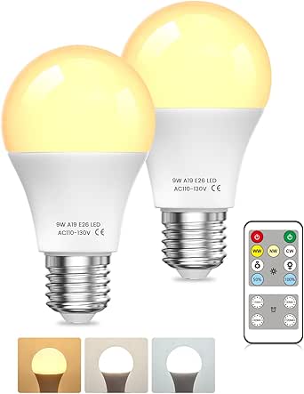A19 LED Light Bulbs with Remote Control, 9W LED Bulbs 60W Equivalent, 3000K-6000K Dimmable Bulbs E26 Base, Remote Control Light Bulbs with Timing, Memory Function, for Home Decor, 2Bulb & 1Remote