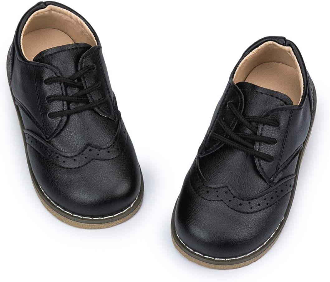 Meckior Toddler Boys Girls Black Dress Shoes Little Kid Oxford Shoes Wedding Church Dress Shoes PU Leather Lace Up School Uniform Loafer Flats
