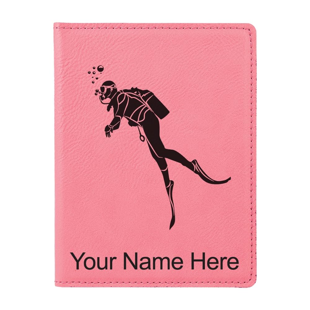 LaserGram Faux Leather Passport Holder, Scuba Diver, Personalized Engraving Included (Pink)
