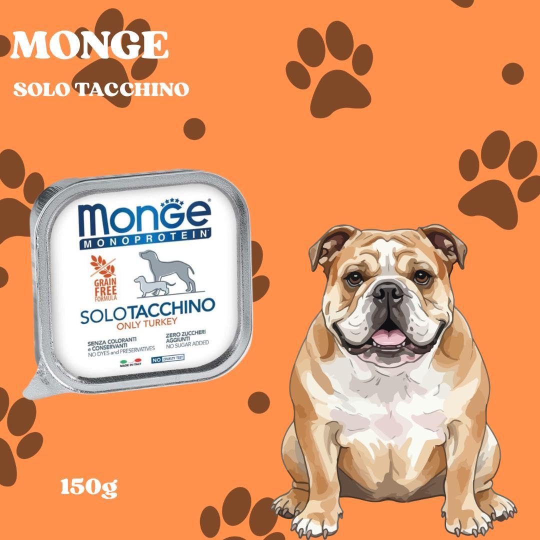 Monge Monoprotein cane, umido monoproteico per cani di tutte le taglie gusto SOLO TACCHINO formula grainfree | 12 vaschette da 150 grammi l'una.