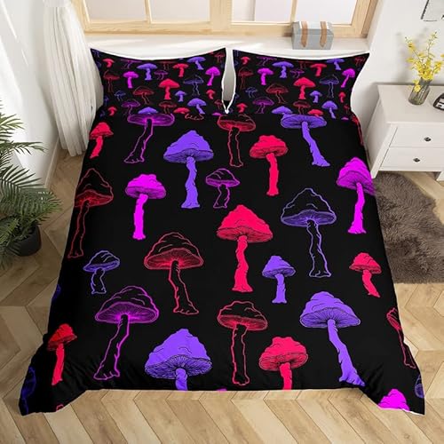 Juego de funda de edredón con diseño de hongos de dibujos animados y hongos kawaii, para niños, niñas, adolescentes, decoración de dormitorio, cosas salvajes, color rojo y morado, 2 piezas Cover