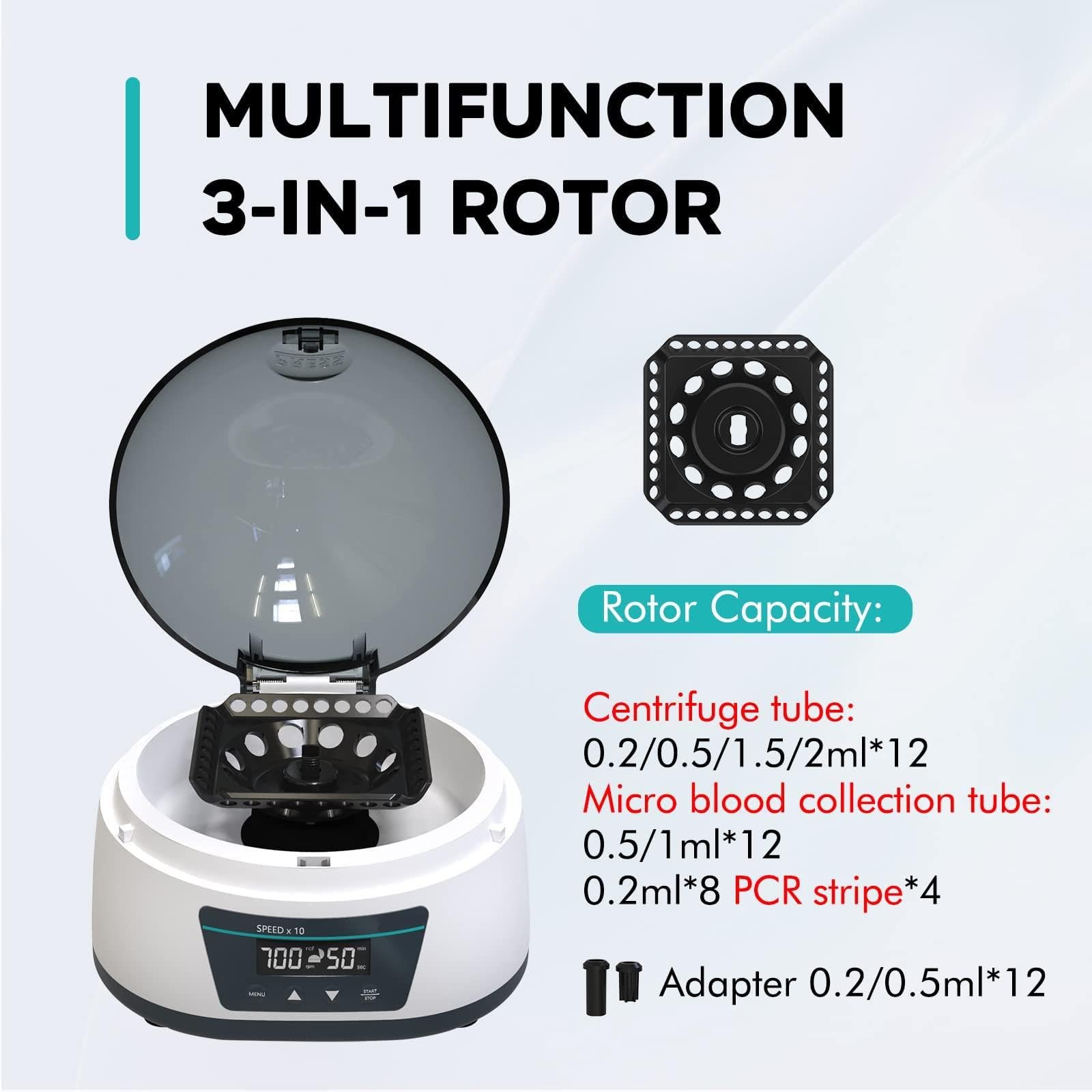 Mini CentríFuga - TemporizacióN + RegulacióN Velocidad, MicrocentríFuga Mesa De Laboratorio - Rotor 2 En 1 Para 12 Tubos De CentríFuga De 0,2/0,5/1,5/2 Ml Y Tiras De Pcr 32 × 0,2 Ml