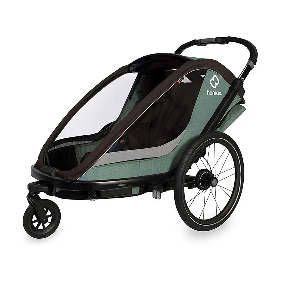 Hamax - Remorque Cocoon 2 Places - Sièges Inclinables - Grandes Fenêtres - Fixation Vélo ou Poussette - Cadre Aluminium Léger - Guidon Cuir Vegan - Suspension Ajustable