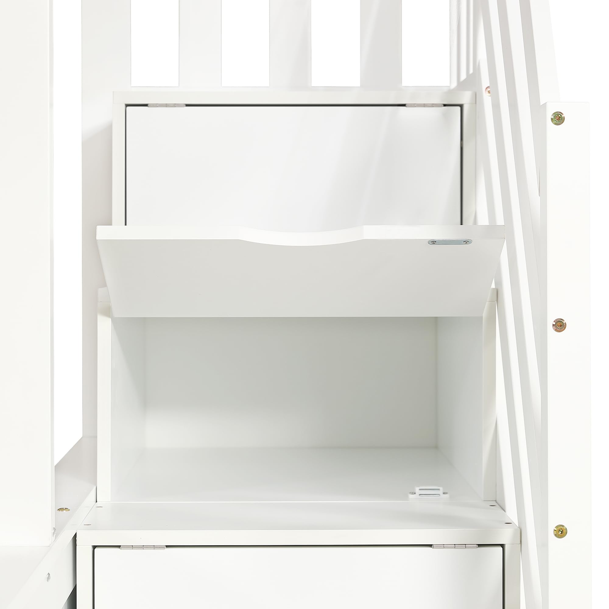 Letto a Castello per Bambini 90x200cm e 140x200cm, Letto Matrimoniale con Scala Contenitore e 2 Cassetti, Belle Finestre e Tetto, Strutture letto in Pino, Bianco(Senza materasso)