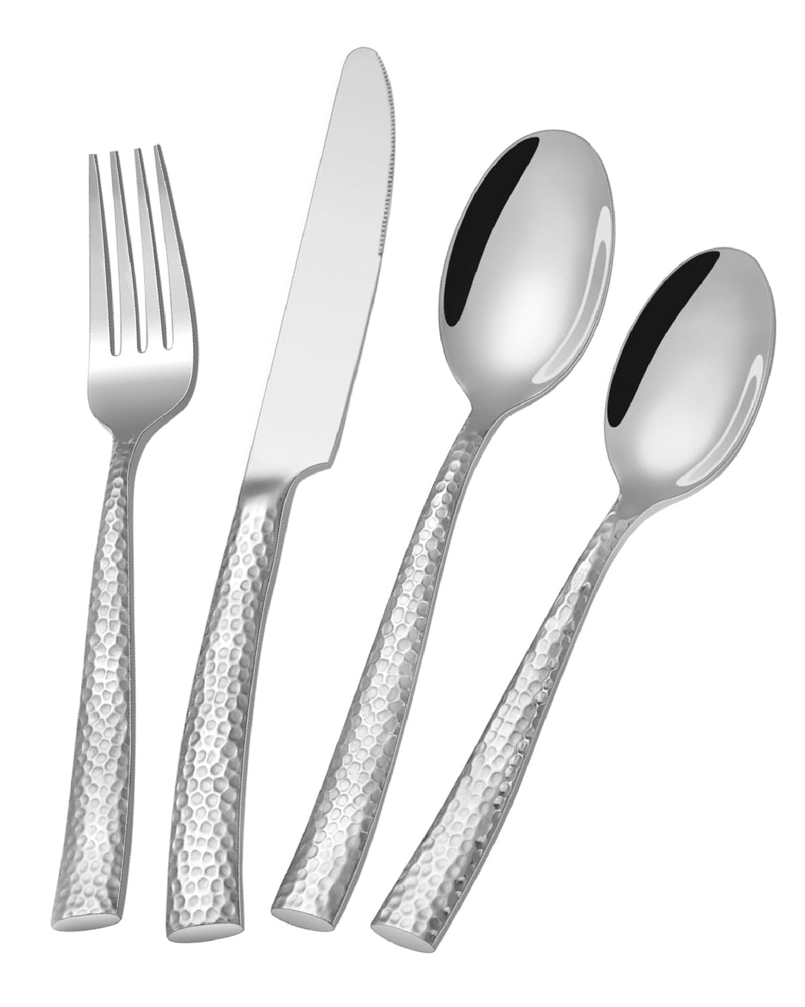 Juego de cubiertos de acero inoxidable martillado plata, 24 piezas, resistente, para 6 personas, apto para uso alimentario, con espejo para restaurantes y hogares