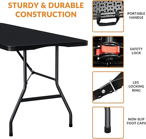 Miniatura 4 de 180CZ Mesa plegable de plástico de 6 pies, para interiores y exteriores, para picnic, campamento, barbacoa y fiesta, con patas de acero con